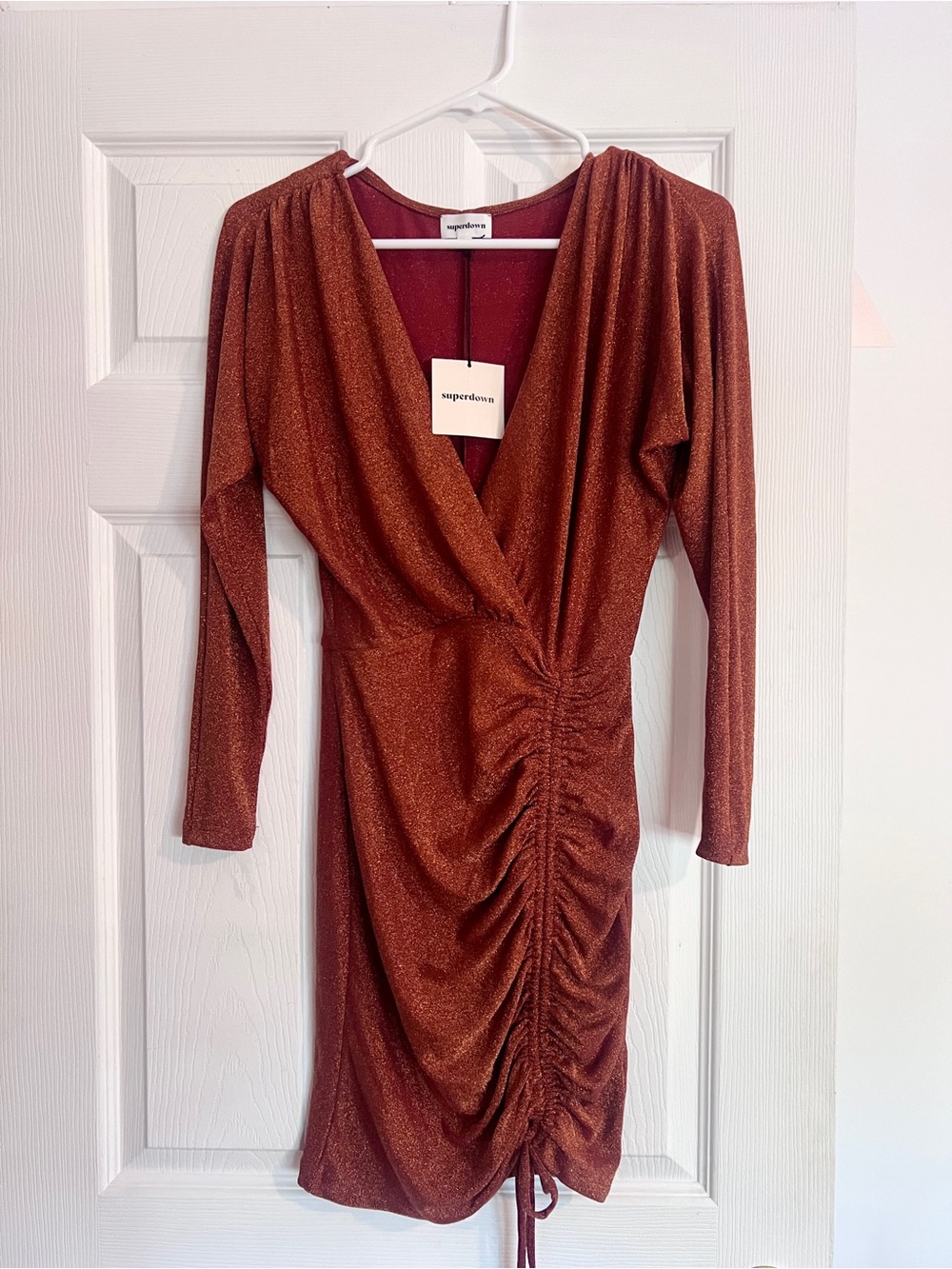 REVOLVE Superdown Rust Shimmer Long Sleeve Ruched Dress
